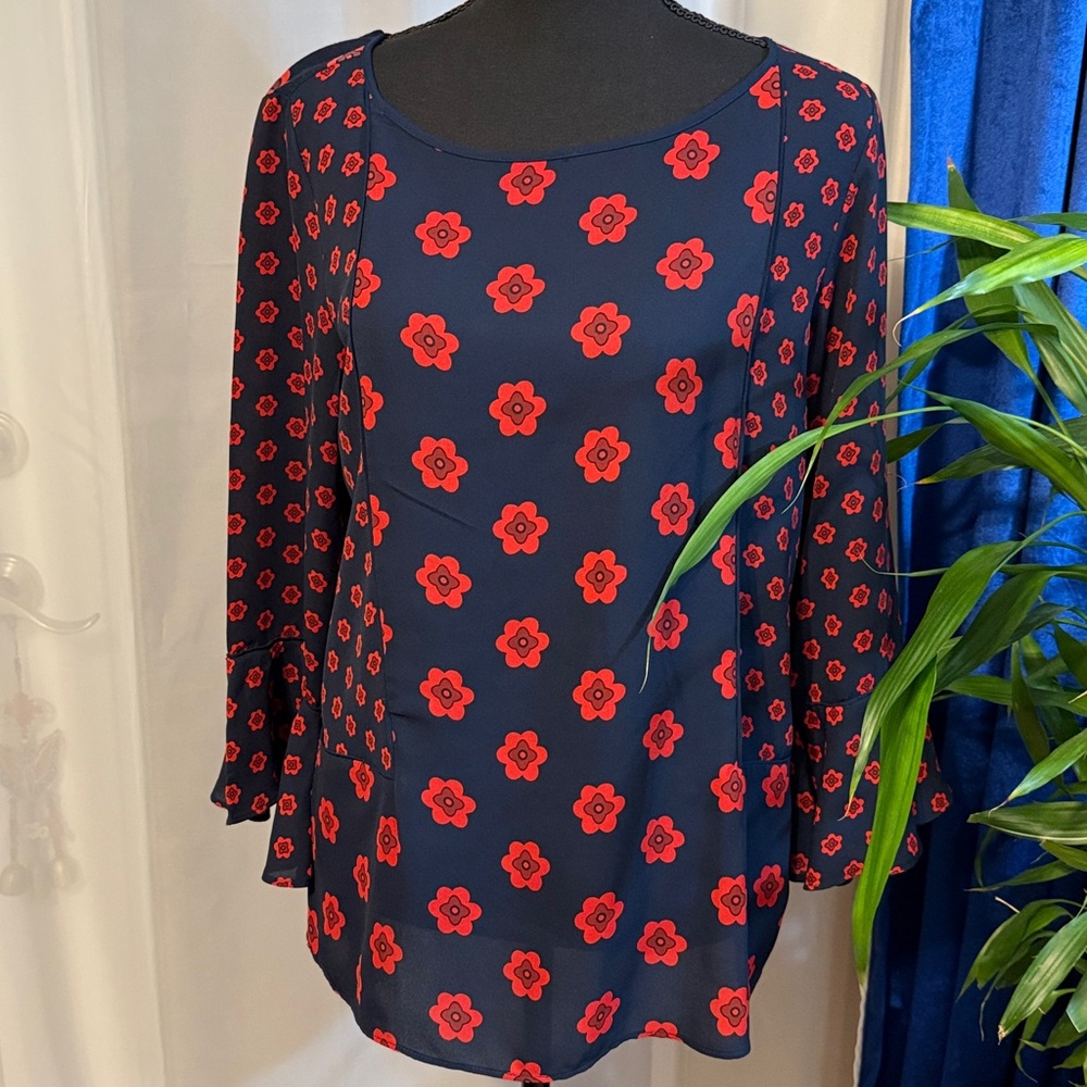 LOFT Navy and Red Floral Blouse